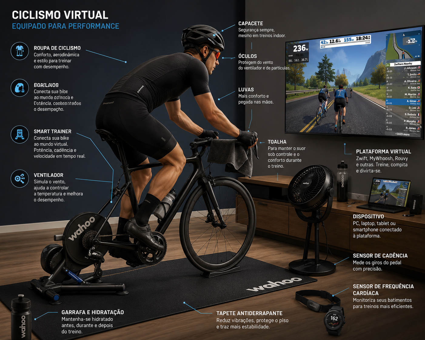 Guia de itens para ciclismo virtual com categorias de equipamentos